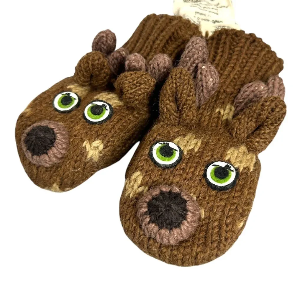 Kids Wool Knit Mittens Fleece Lining Deer Nirvanna Design Hand Made Nepal M/L